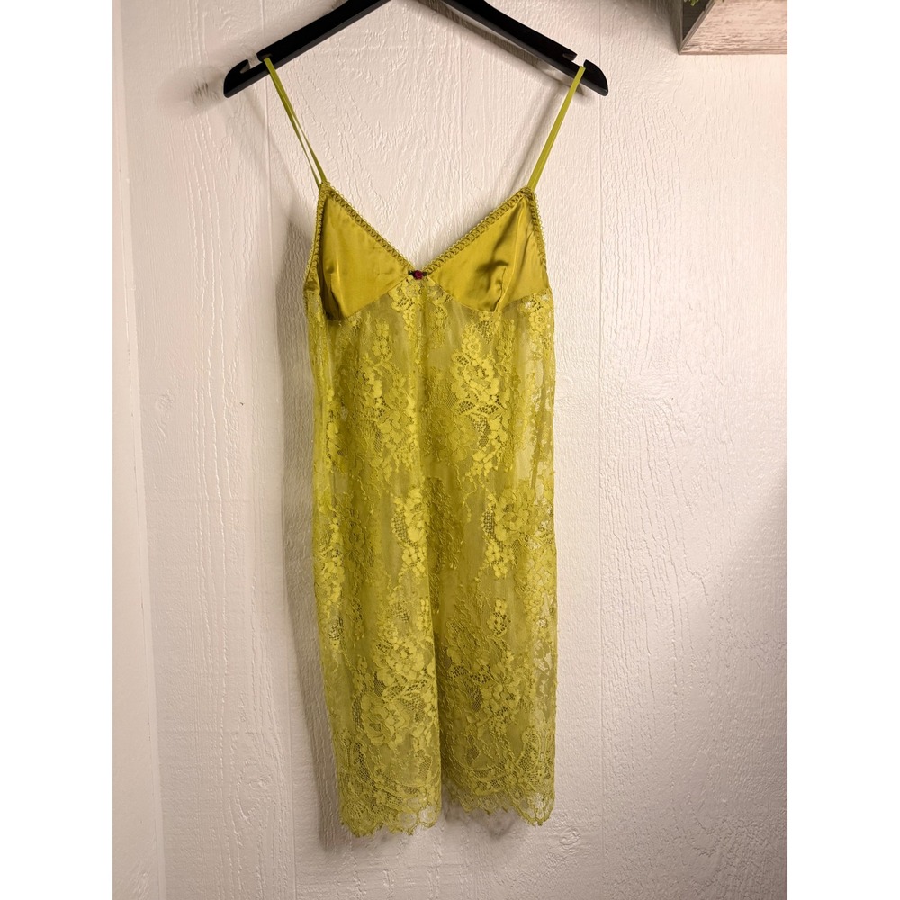 Chartreuse Yellow Floral Lace Slip Dress Satin Bust Rosebud Detail Mini Lingerie